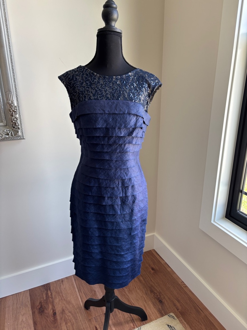 London Times Navy Layered Lace Cap-Sleeve Midi Dress